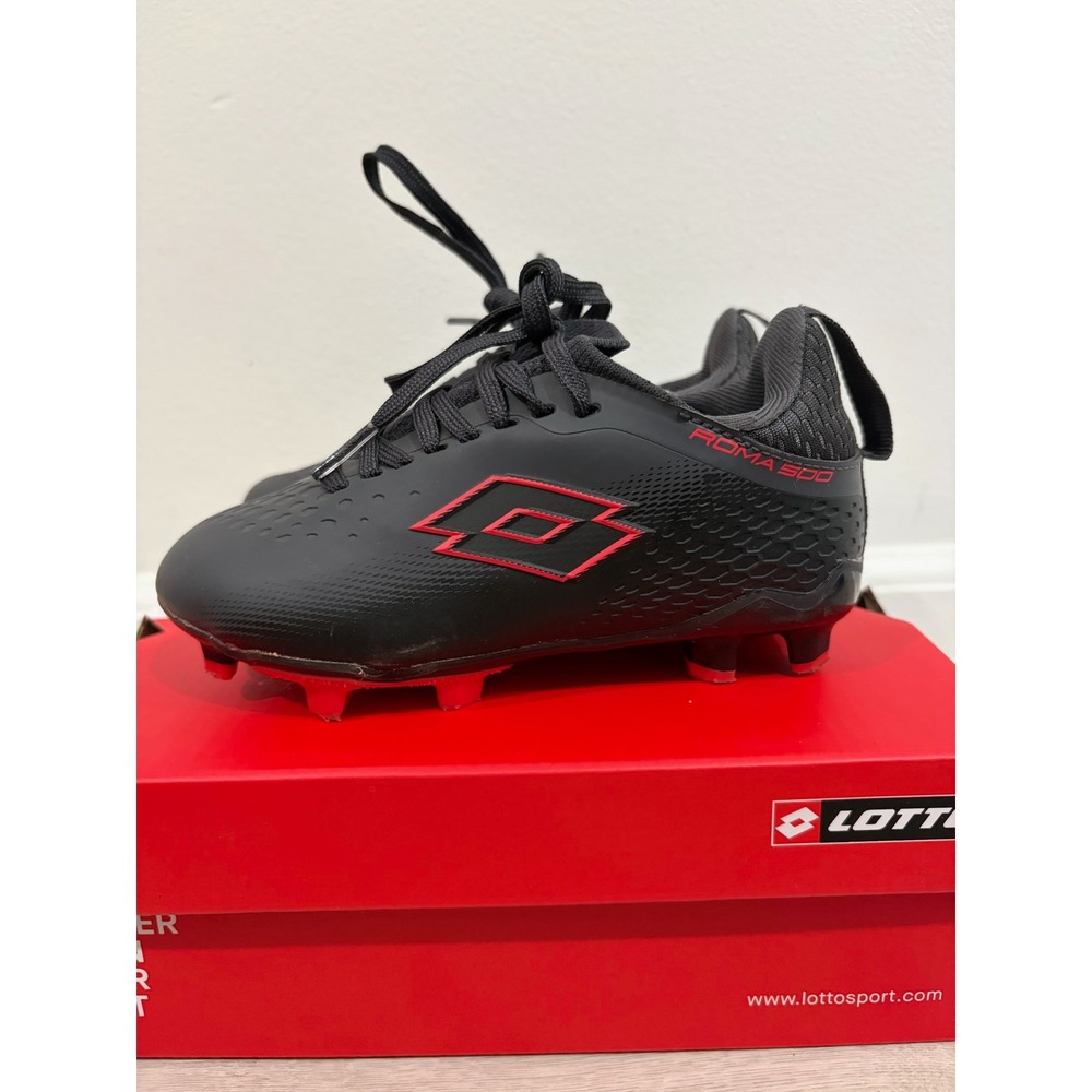 Lotto Roma 500 Kids Soccer Cleats Black Red Firm Ground Size 10K & DSG Shin Pads